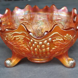 Antique Marigold Carnival Persian Medallion Grape & Cable Fenton Footed Fruit Center Bowl 10 image 2