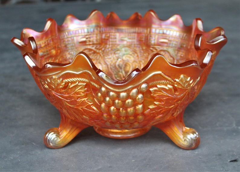 Antique Marigold Carnival Persian Medallion Grape & Cable Fenton Footed Fruit Center Bowl 10 image 2