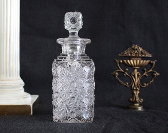Lovely Antique Victorian Daisy and Button Square Pattern Pressed Glass Cologne Bottle EAPG
