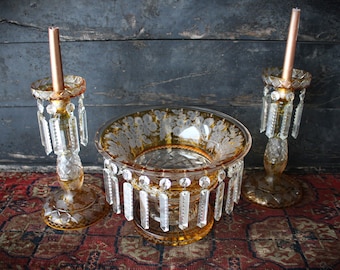 Antique Stunning Bohemian Amber Intaglio Cut to Clear Glass Console Set With Crystal Prisms Bowl & 2 Candlesticks Lusters