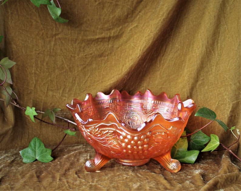 Antique Marigold Carnival Persian Medallion Grape & Cable Fenton Footed Fruit Center Bowl 10 image 1