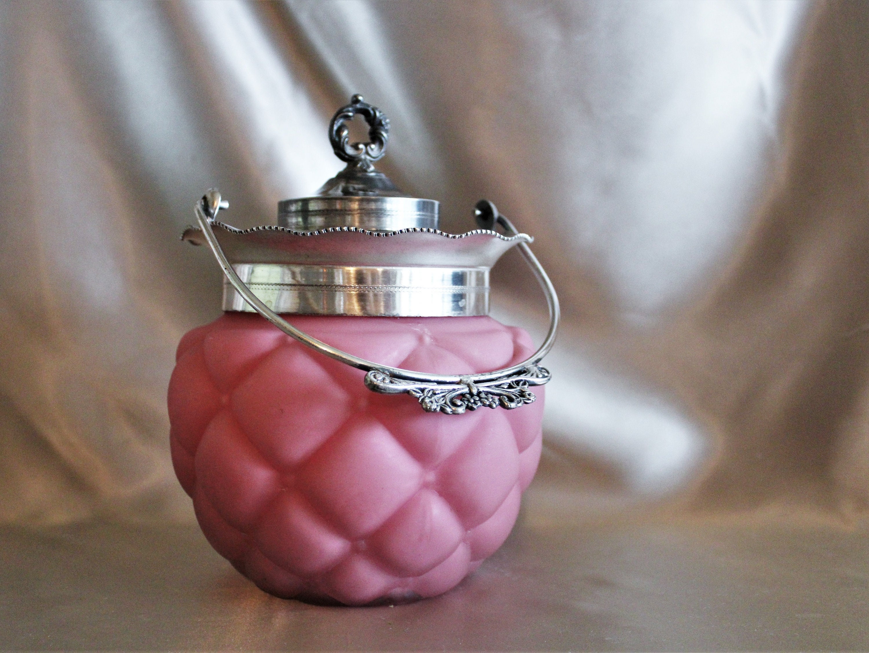 Antique Victorian Quilted Pink Satin Glass Biscuit Jar With Etsy