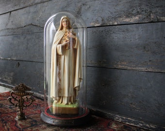 Vintage French Saint Teresa of Lisieux Chalkware Statue Under Glass Dome