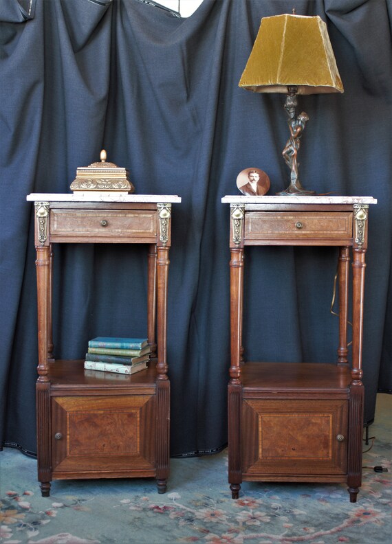 Antique French Night Stand End Table With Veneer Inlay Bronze Etsy