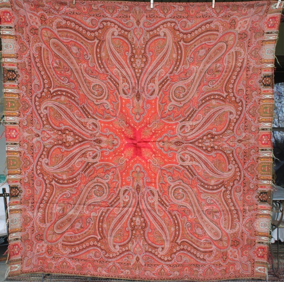 Antique Victorian Paisley Wool Shawl Scarf 68" X … - image 1