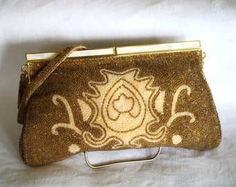 Vintage Gold and White Beaded Purse Clutch with Mother of Pearl Clasp By Delill, Hand Made in Japan