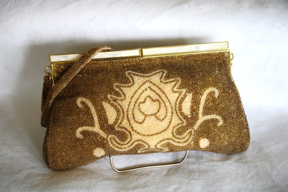 Vintage Gold and White Beaded Purse Clutch with M… - image 1