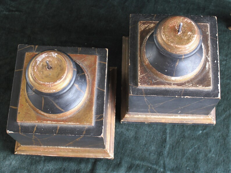 Pair Antique Marbleized Wood Pedestals Prickets Display Bases image 3