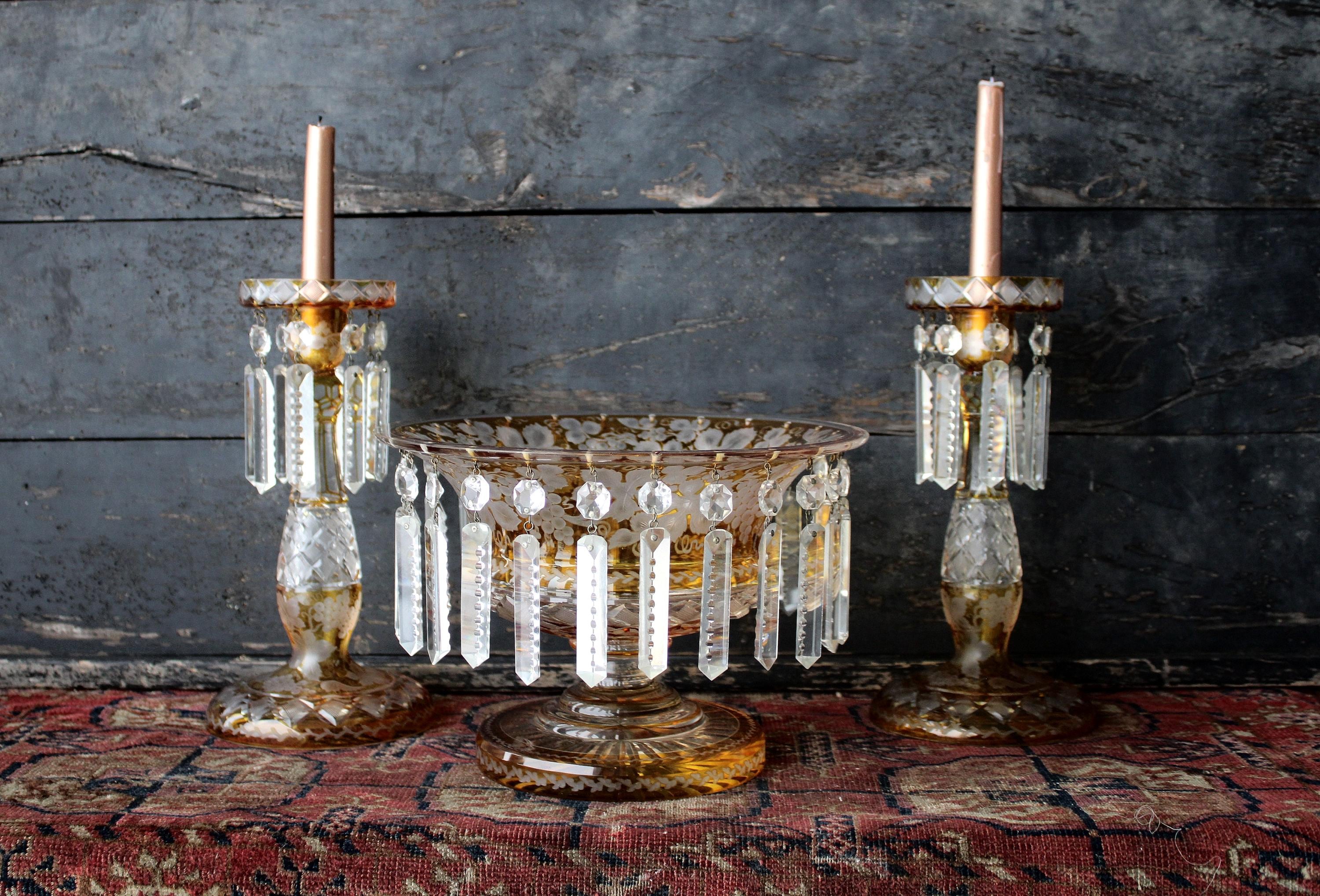 Antique Bohemian Amber Cut Glass Console Set With Crystal Prisms