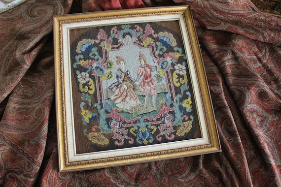 Antique Victorian Petite Point Needlepoint Tapestry of Young Lovers Etsy Canada