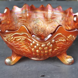 Antique Marigold Carnival Persian Medallion Grape & Cable Fenton Footed Fruit Center Bowl 10 image 5