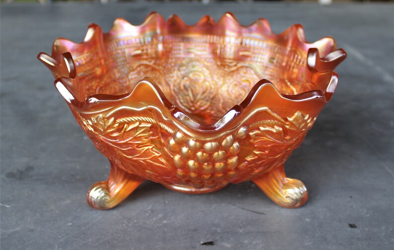 Antique Marigold Carnival Persian Medallion Grape & Cable Fenton Footed Fruit Center Bowl 10 image 5