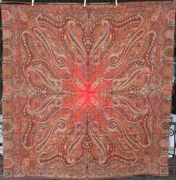 Antique Victorian Paisley Wool Shawl Scarf 68" X … - image 2