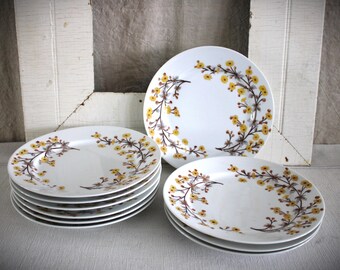 10 Antique Carlsbad Marx & Gutherz Austria Porcelain 9.5" Dinner Plates Yellow Flowers 1808 Pattern