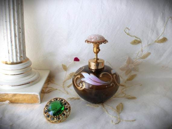 Vintage DeVilbiss Hand Painted Amber Glass Perfum… - image 1