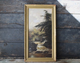 Antique 19th c River Landscape Oil Painting in Gold Frame