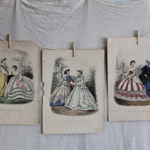 3 grabados de moda victorianos antiguos de color de mano estampados La Moda Ilustrada vestidos de verano