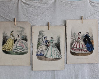 3 Antique Victorian Hand Colored Fashion Engravings Prints La Moda Ilustrada Summer Dresses