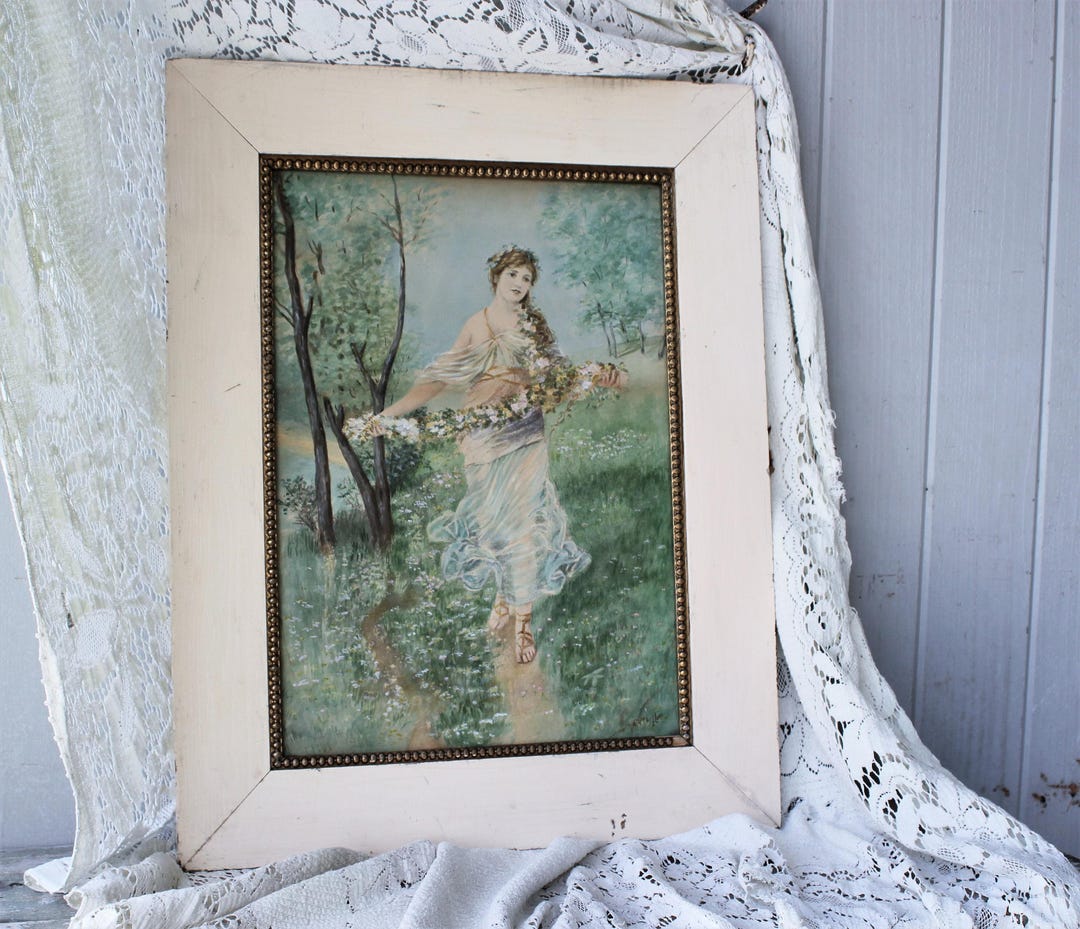 Antique Watercolor Painting of Young Lady With Flowers in Chippy White ...