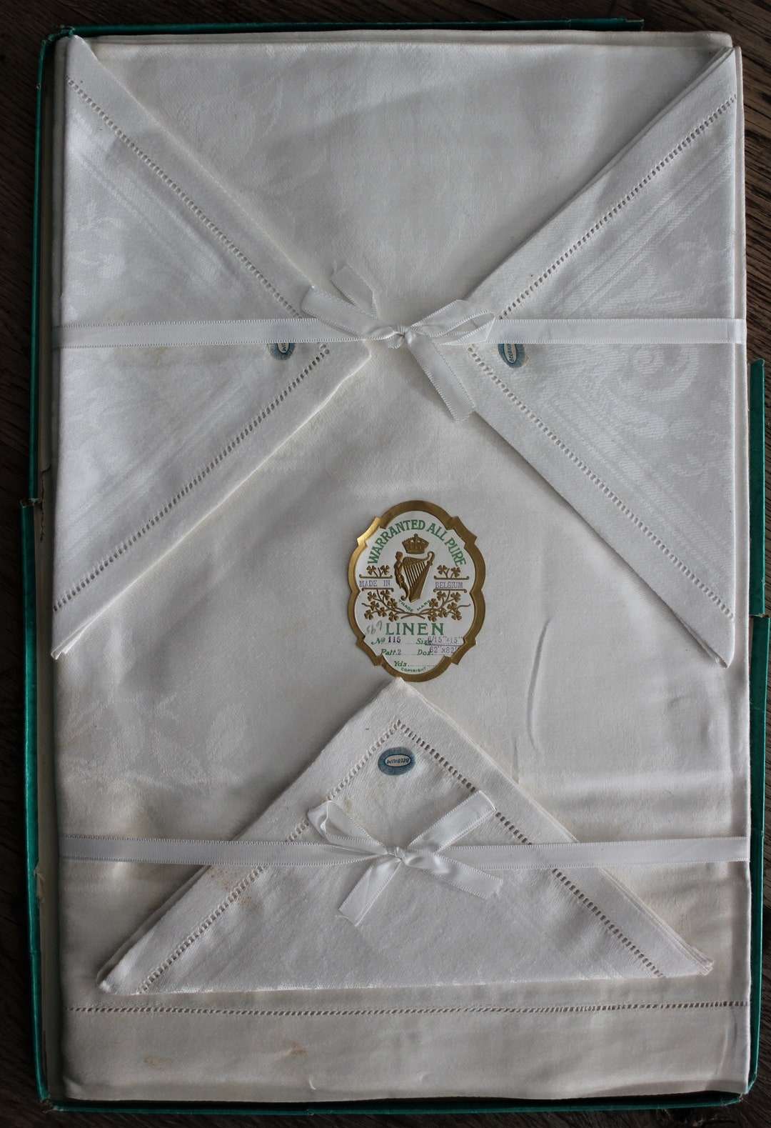 Antique Belgian Damask Linen Tablecloth With 8 Napkins New in Package