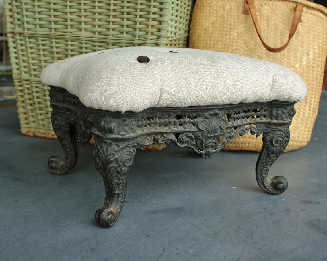 Antique Victorian Cast Iron Foot Stool with Linen Upholstery Etsy