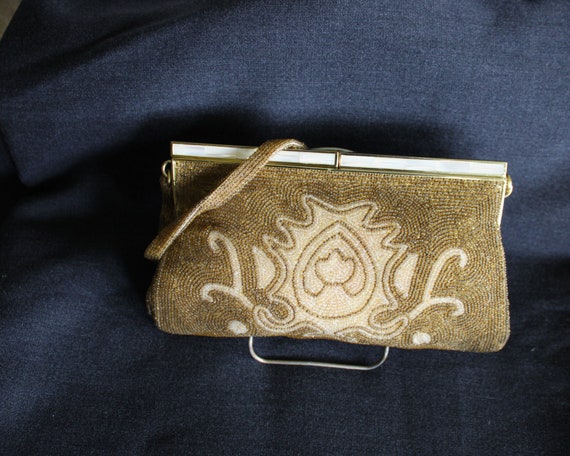 Vintage Gold and White Beaded Purse Clutch with M… - image 3