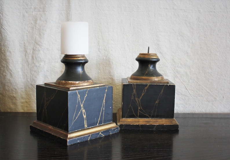 Pair Antique Marbleized Wood Pedestals Prickets Display Bases image 1