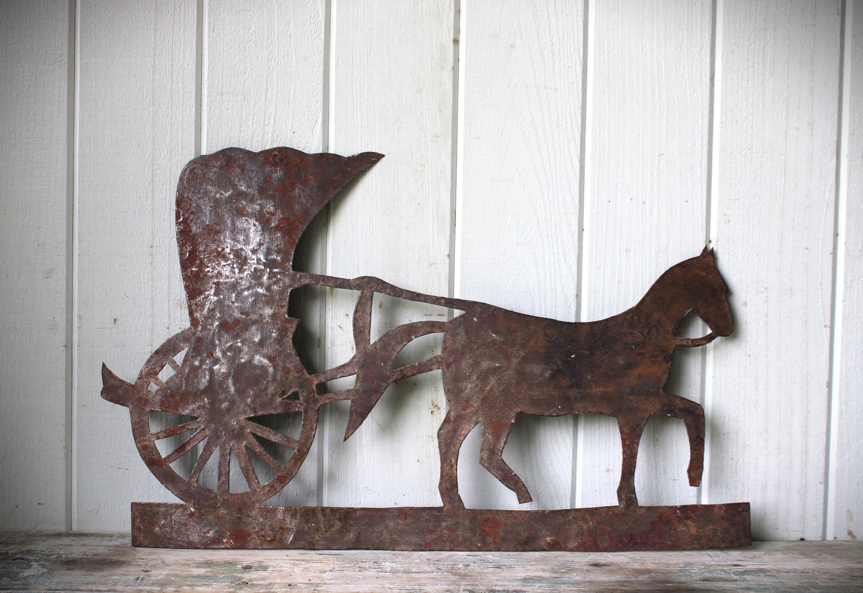 Antique American Hand Made Folk Art Metal Trade Sign Horse and Buggy Coach Harness Silhouette