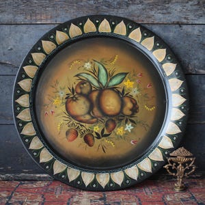 Antique ToleWare Tray with Fruits and Flowers Repainted 1967 Signed Tole Ware