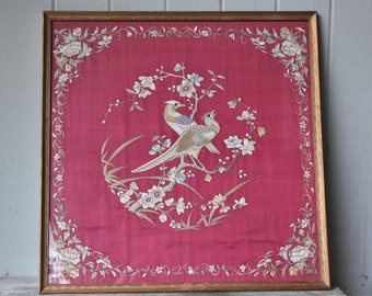 Vintage Framed Chinese Silk Embroidered Birds and Flowers Wall Hanging