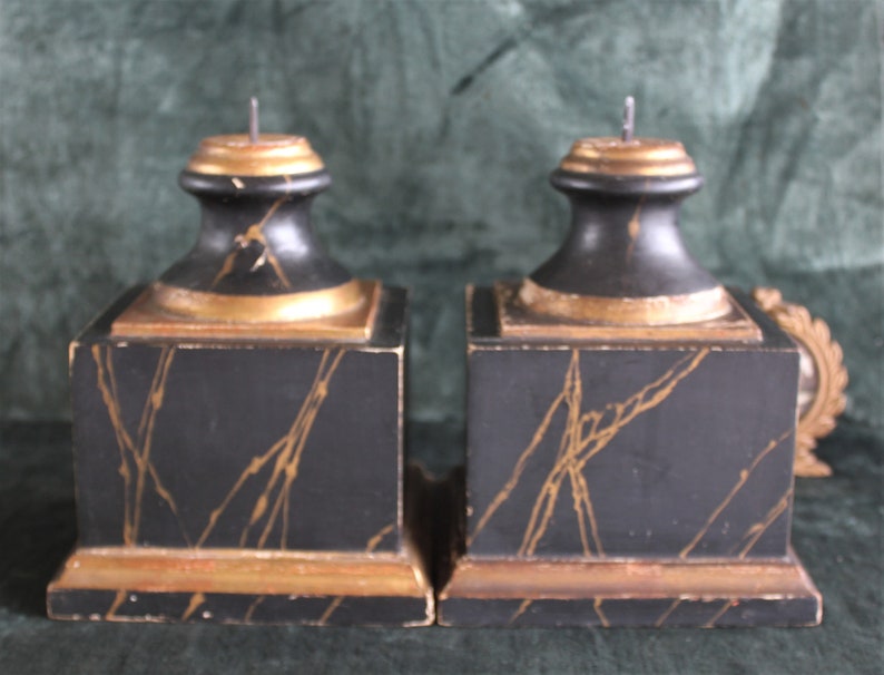 Pair Antique Marbleized Wood Pedestals Prickets Display Bases image 6