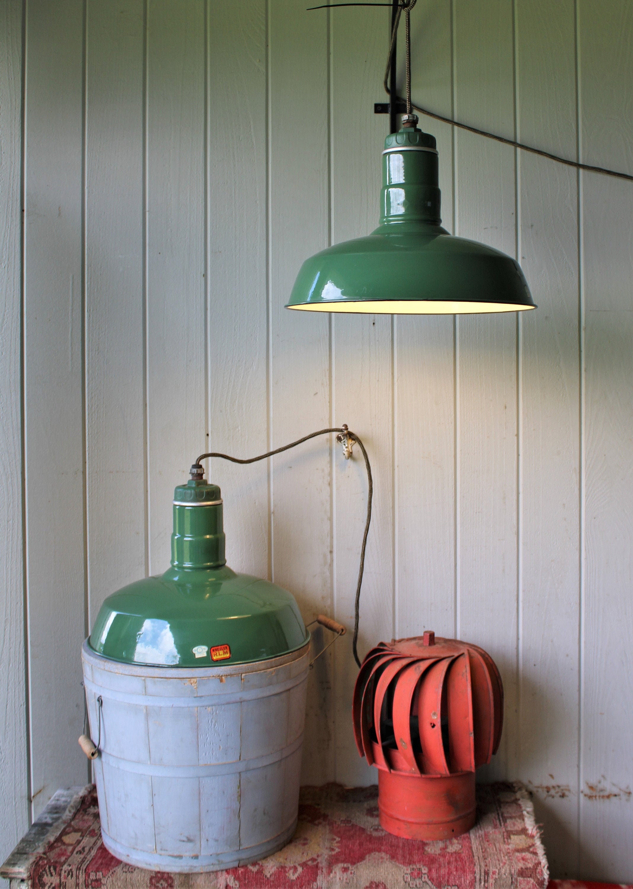 Large Vintage Industrial Green Enamel Hanging Light Wheeler RLM