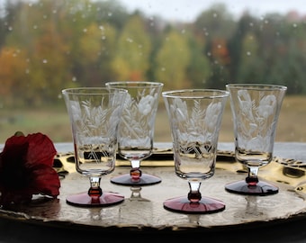 4 Vintage Etched Crystal Stemware Cordial Wine Cocktail Glasses with Red Foot