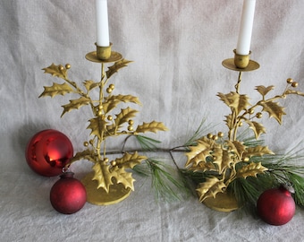 Pair Vintage Gilt Tin Tole Candlesticks Candle Holders Holly Leaves and Berries