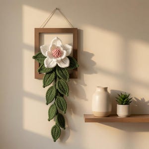 Magnolia Crochet Wall Hanging Pattern PDF, 3D Floral Wall Art, Framed Botanical Decor, Flower and Leaf Vine Tutorial, Digital Download