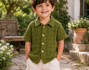 Modello PDF per camicia da bambino all'uncinetto con bottoni / Camicia da bambino all'uncinetto a maglia traforata / Modello per camicia estiva all'uncinetto / Download immediato