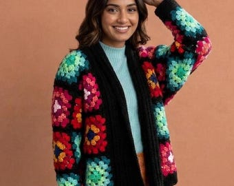 Schema per cardigan quadrato della nonna in PDF, cardigan all'uncinetto da donna, schema per maglione boho colorato, giacca all'uncinetto spessa, download immediato