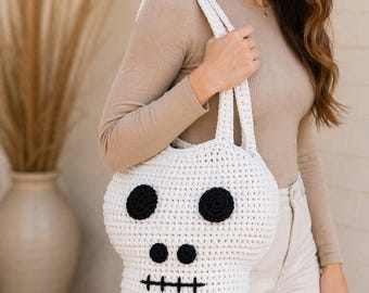 Modello PDF per borsa tote a forma di teschio all'uncinetto, modello per borsa di Halloween, modello per borsetta a forma di teschio all'uncinetto, borsa tote gotica fai da te per principianti