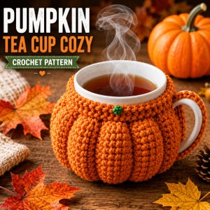 Peut inclure: Une tasse à thé en céramique blanche enveloppée dans une housse en crochet orange texturée en forme de citrouille. La housse présente un petit détail de tige verte sur le bord supérieur. De la vapeur s'échappe du liquide sombre.