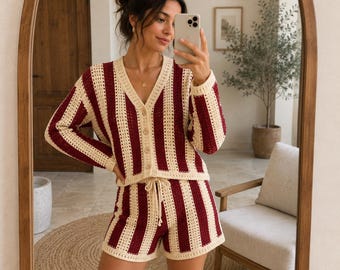 Modello PDF per cardigan e pantaloncini a righe all'uncinetto / Modello per completo estivo coordinato all'uncinetto / Download immediato