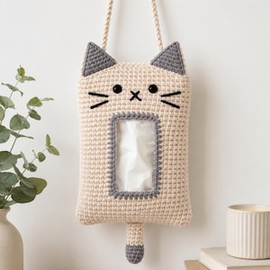 Kitty Hanging Tissue Holder Crochet Pattern PDF, Cat Tissue Pouch, Bathroom Wall Organizer, Beginner Crochet