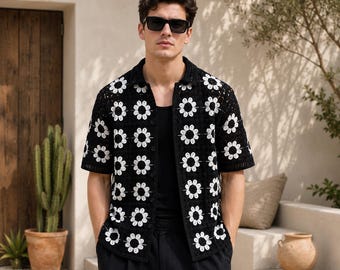 Modello PDF per camicia da uomo nera all'uncinetto con margherite / Camicia floreale all'uncinetto con bottoni / Camicia estiva con colletto alla coreana / Download immediato