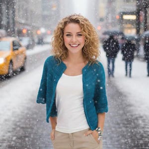 May include: A teal blue, open-front cardigan with three-quarter sleeves. The cardigan is worn over a white top and paired with beige trousers. The background shows a snowy street scene with a yellow taxi and pedestrians.