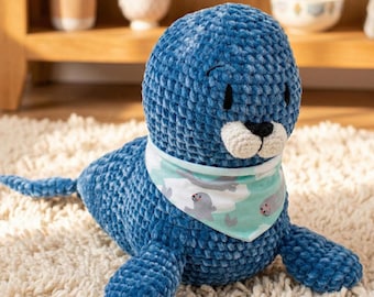 Schema foca all'uncinetto in PDF, tutorial peluche foca amigurumi, simpatico animale marino, peluche in filato di velluto adatto ai principianti, download immediato