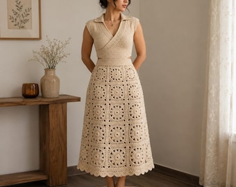 Modello PDF per abito midi all'uncinetto, abito quadrato stile nonna con margherite, abito estivo boho con corpetto a portafoglio, download immediato.