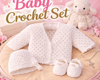 Ensemble de baptême au crochet pour bébé | Ensemble blanc fait main pour bébé, cardigan de baptême, chaussons et chapeau, cadeau nouveau-né, souvenir de chambre d'enfant