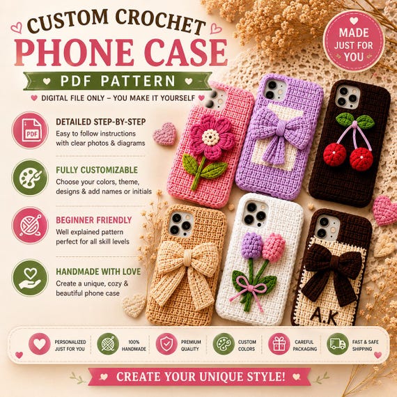Custom Crochet Phone Case Pattern PDF, Personalized Mobile Cover Tutorial, Initial Name Flower Bow Design, Digital Download