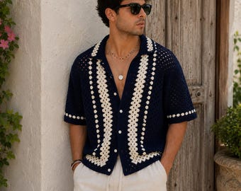 Modello PDF per camicia da uomo all'uncinetto, camicia con bottoni a punto nonna, top estivo da spiaggia all'uncinetto, download immediato.