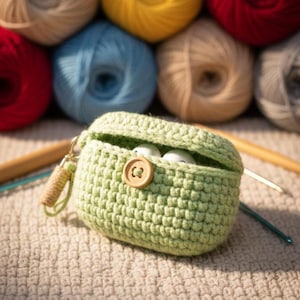 May include: A light green crocheted case for wireless earbuds, secured with a wooden button. The case is open, revealing white earbuds inside. A small gold-colored clasp and a woven handle are attached. Colorful yarn balls are in the background.