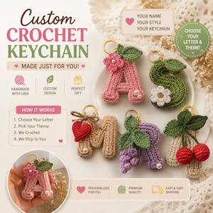 Patrón PDF para llavero de ganchillo personalizado, dije con inicial personalizada, diseño de corazón de cereza y flor, tutorial digital para principiantes.